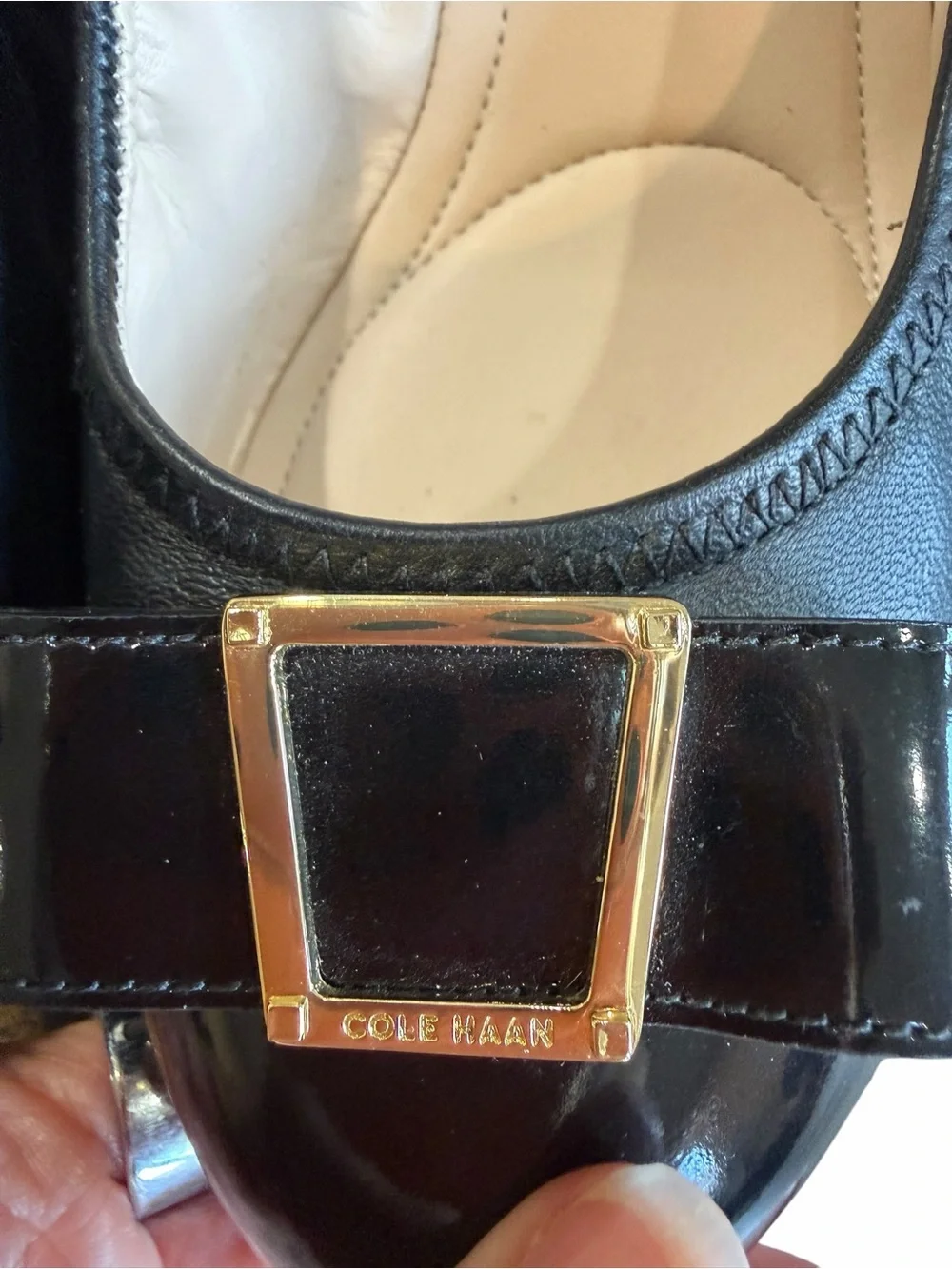 Cole Haan Grand.OS Black Leather Patent Toe Wedge Shoes Size 7B
